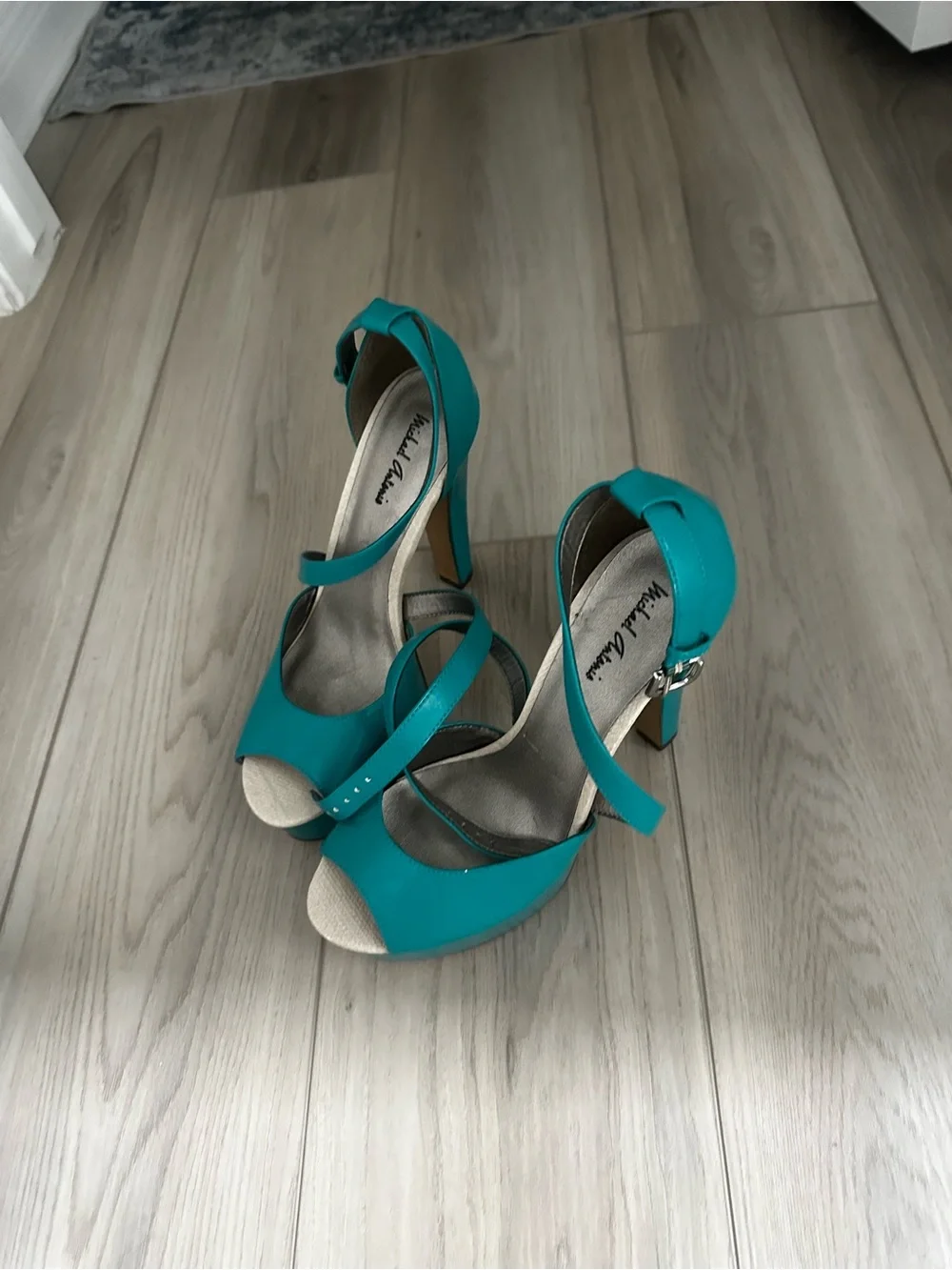 Anne Michelle Teal Patent Platform Peep-Toe Ankle Strap Heels
